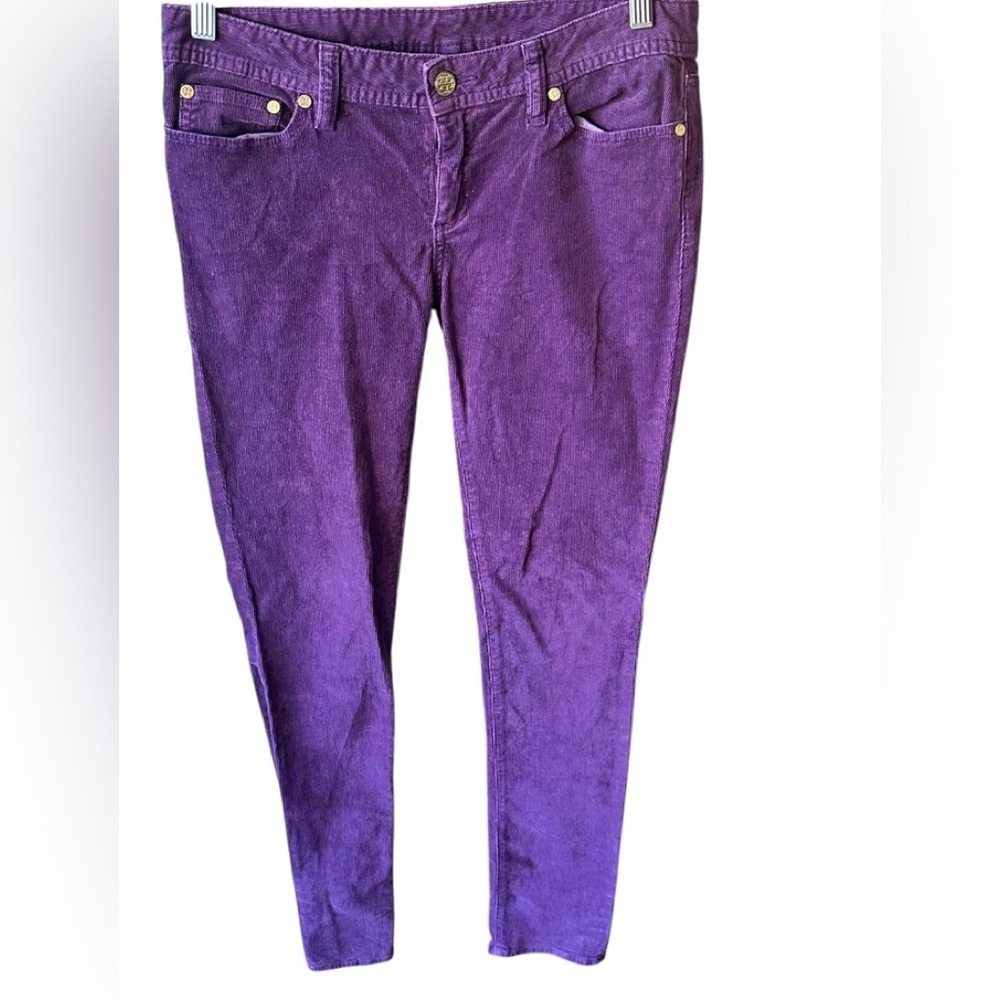 Tory Burch Purple Corduroy Skinny Pants Low Rise Gold Logo‎ Size 29